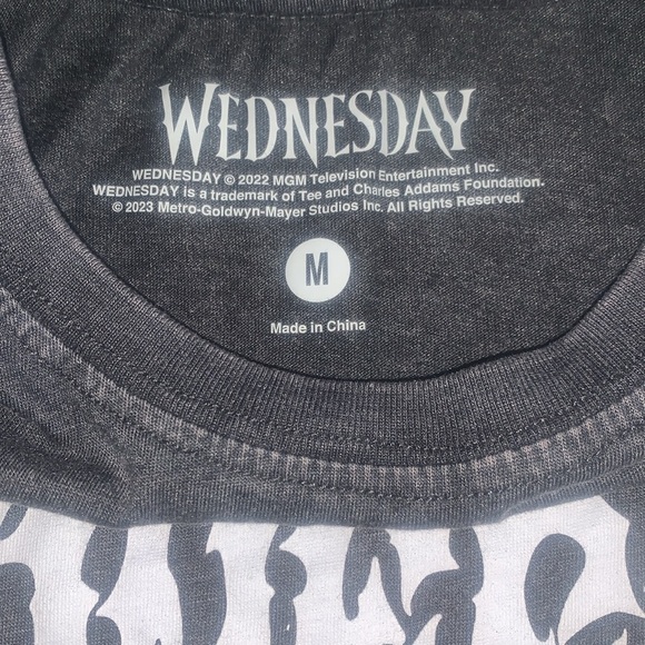 Juniors size Medium ,“WEDNESDAY” charcoal gray & white baby doll tee EUC - Picture 3 of 3